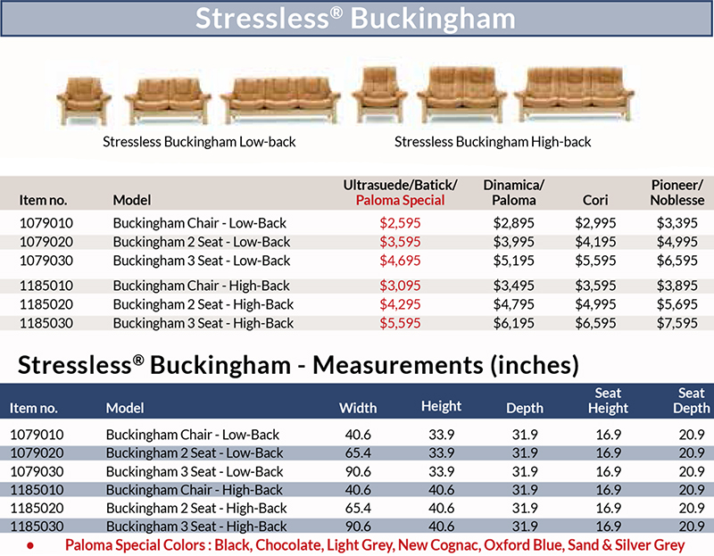 Stressless Buckingham Sofa Loveseat pricing and Measurements