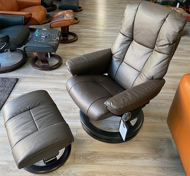 Paloma Mocca Leather Stressless Mayfair Recliner and Ottoman